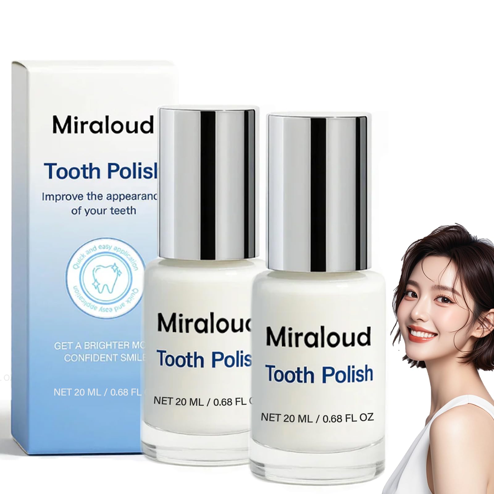 Miraloud Tooth Polish being applied with a brush for a quick refreshing smile.