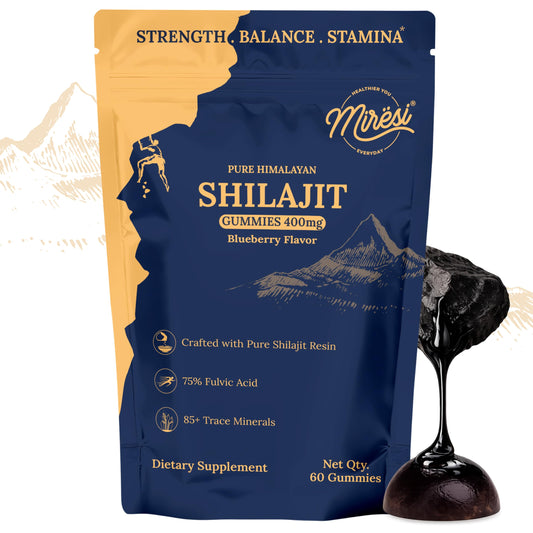 Miresi Shilajit Gummies Blueberry bottle shown for daily energy and focus.