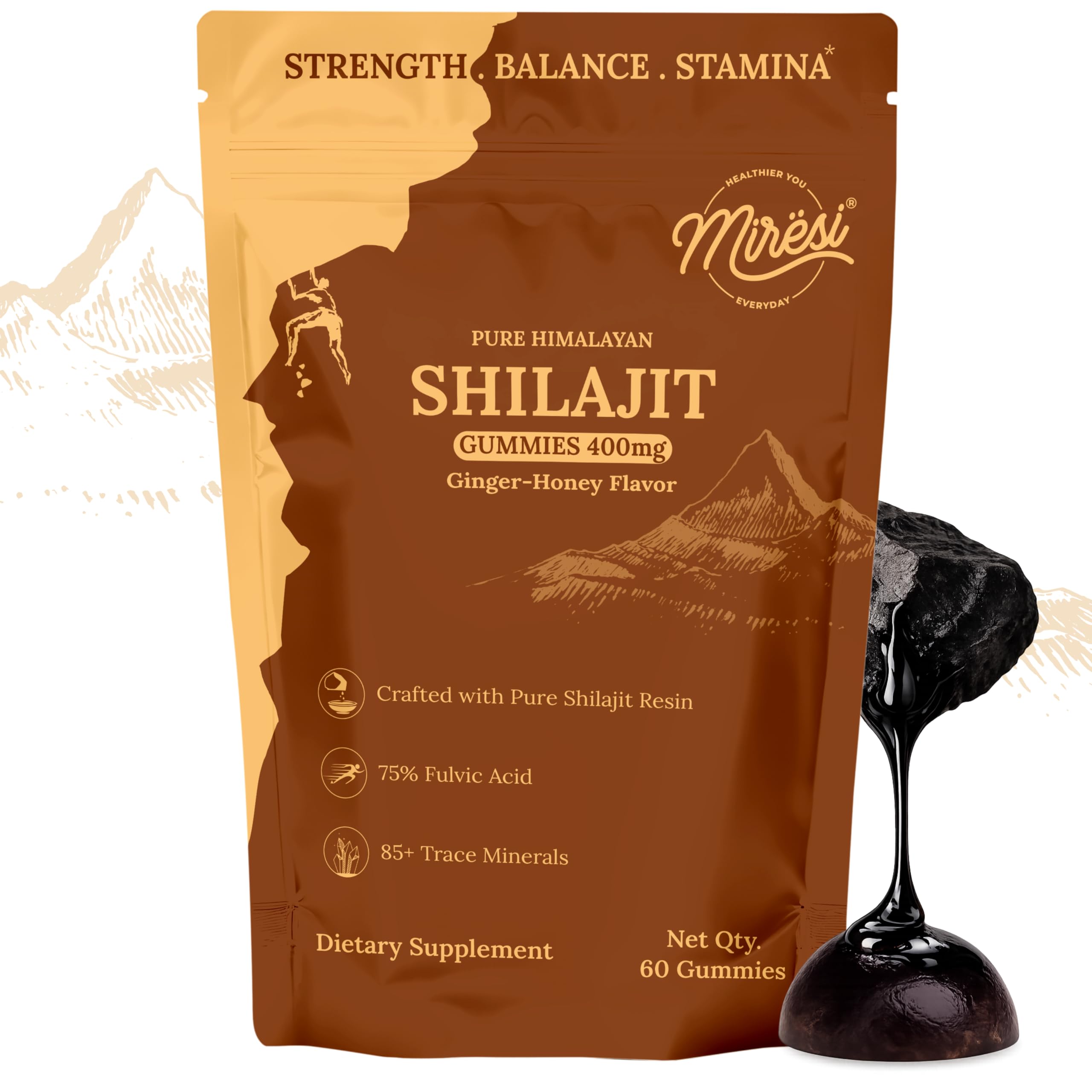 Miresi Shilajit Gummies bottle packshot with ginger-honey flavor for daily energy and focus