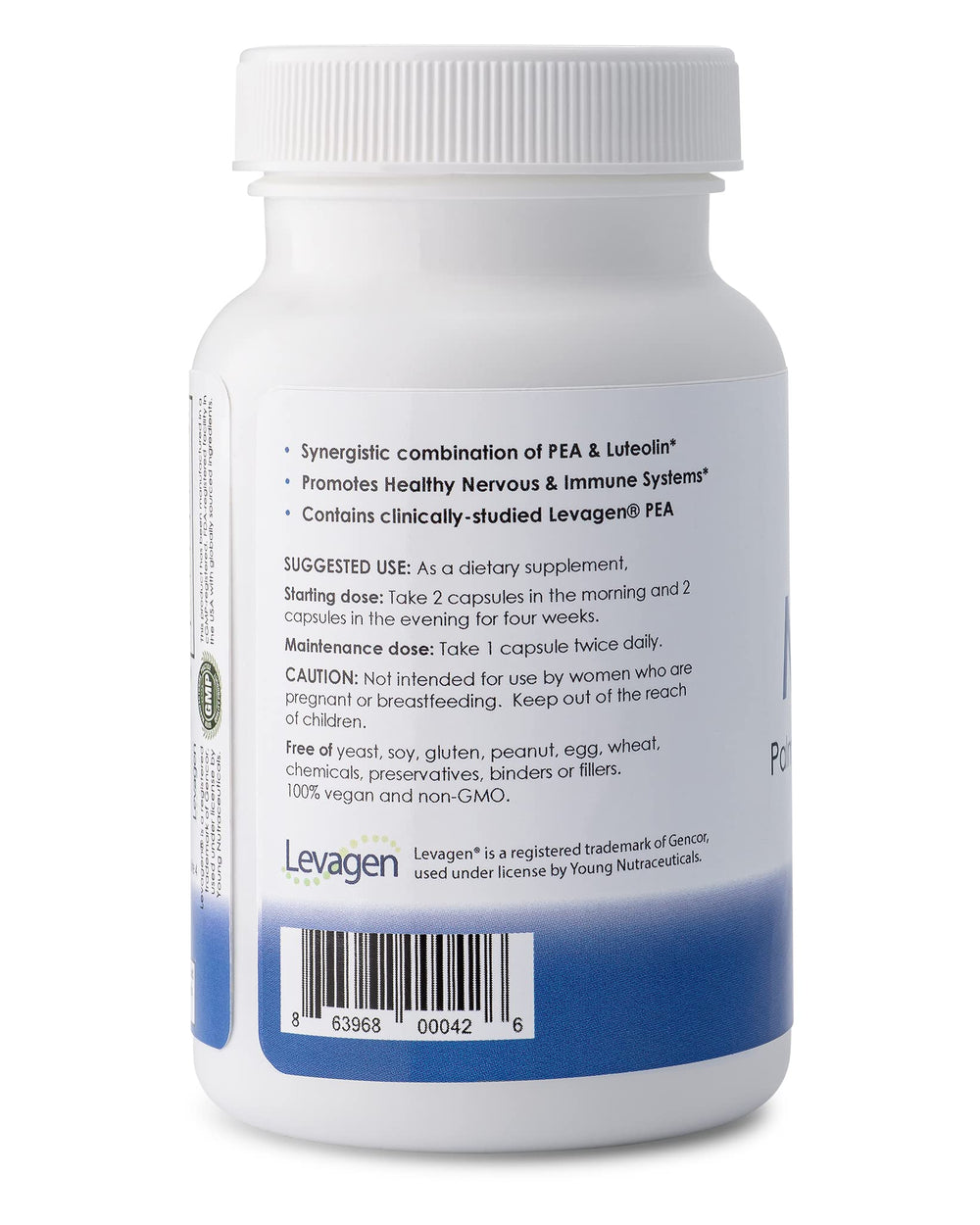 Mirica label close-up emphasizes premium PEA and luteolin ingredients for balanced wellness.