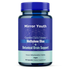 Mirror Youth Methylene Blue bottle with capsules visible, supporting focus and mental clarity.