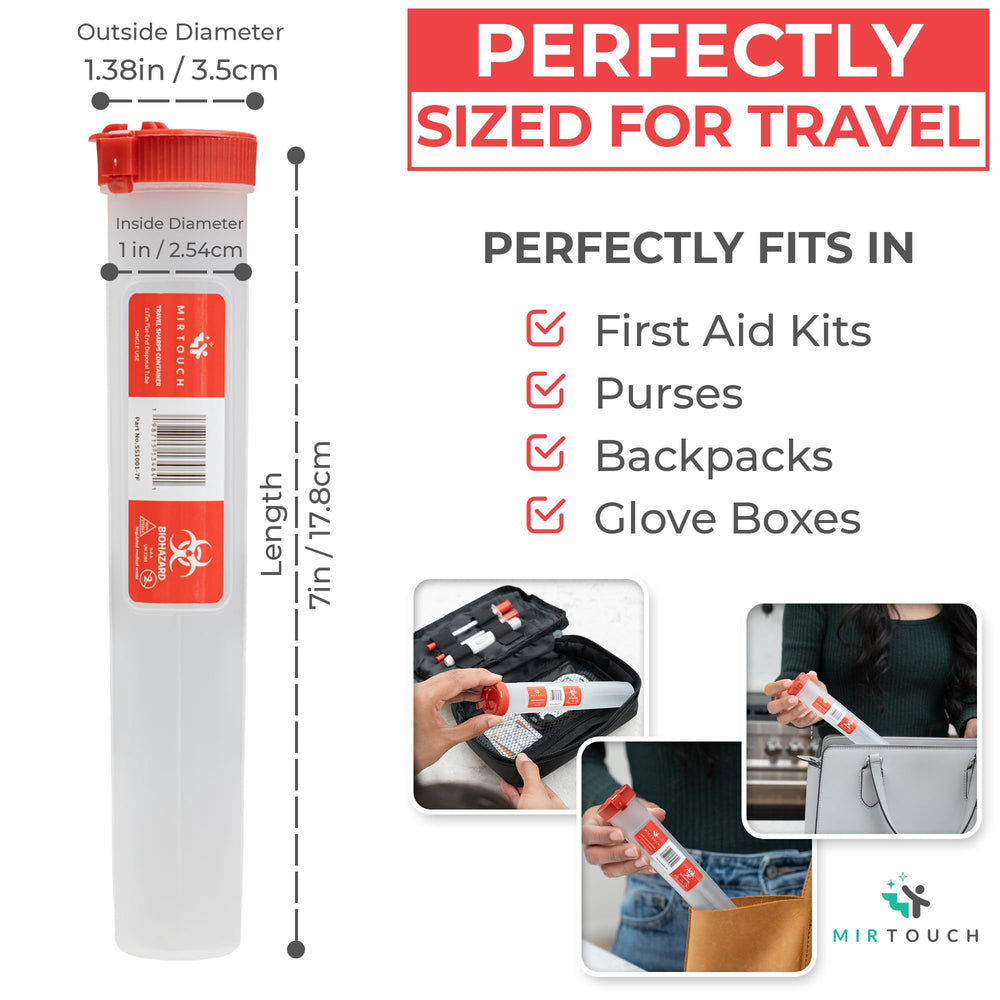 MirTouch Travel-Sharps container with locking lid keeps contents secure during transport.