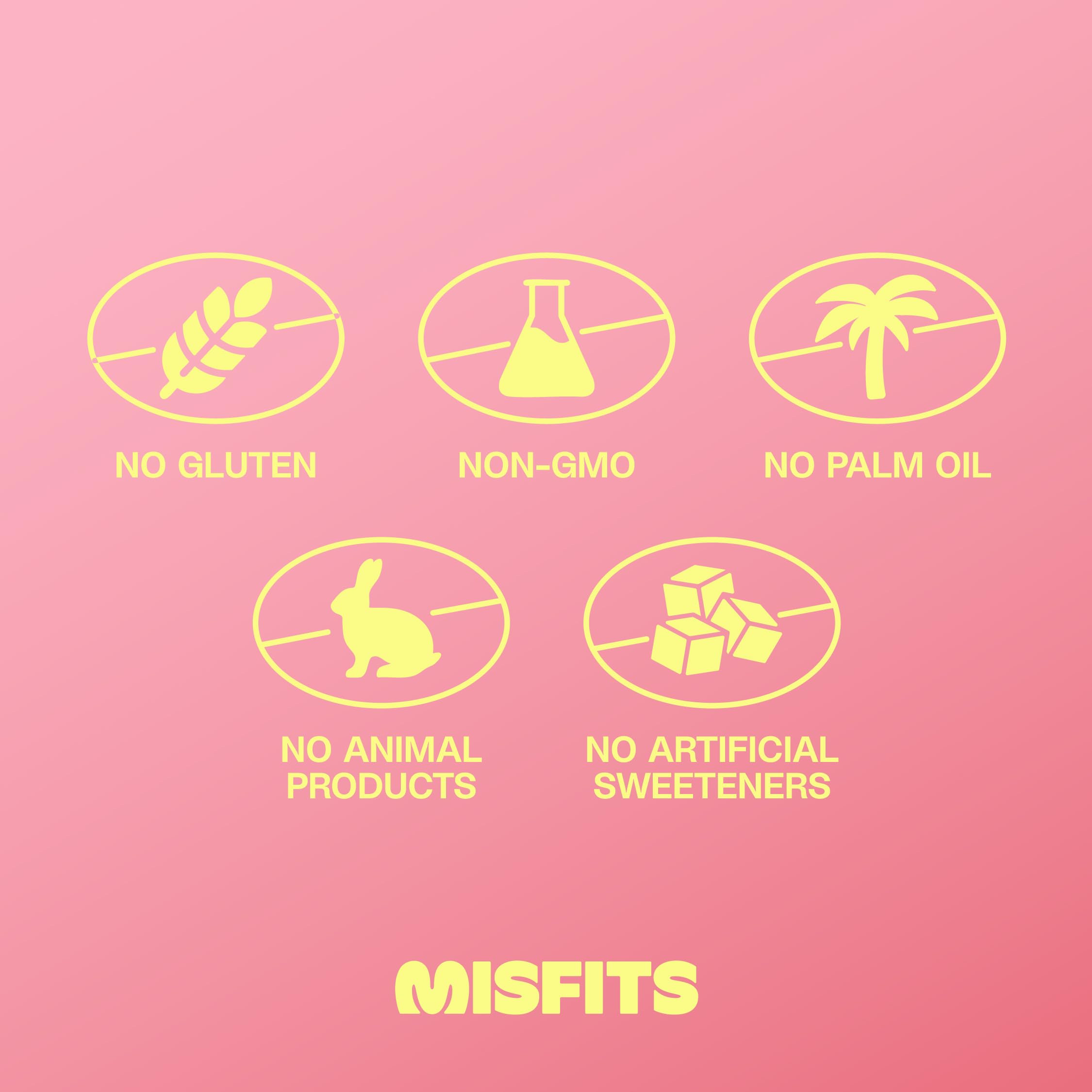 Misfits vegan protein bar foil wrapper for easy portability and freshness.