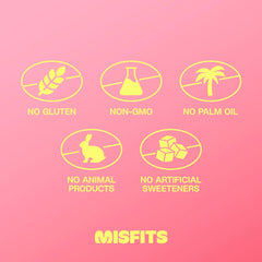Misfits vegan protein bar foil wrapper for easy portability and freshness.