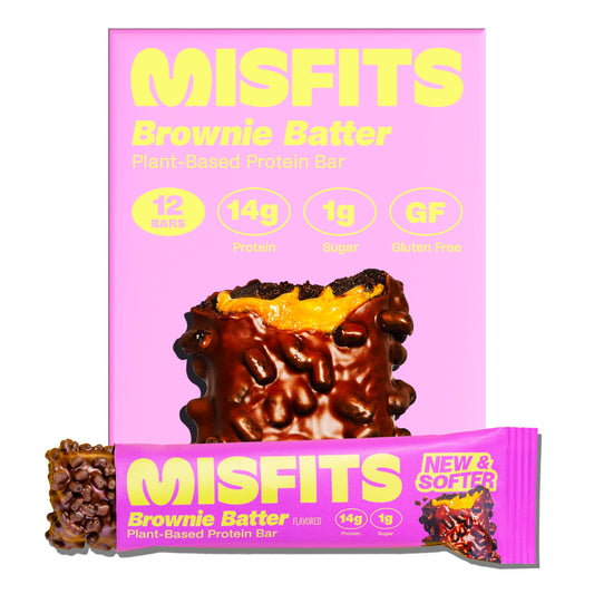 Misfits vegan protein bar brownie center texture for post-workout energy.