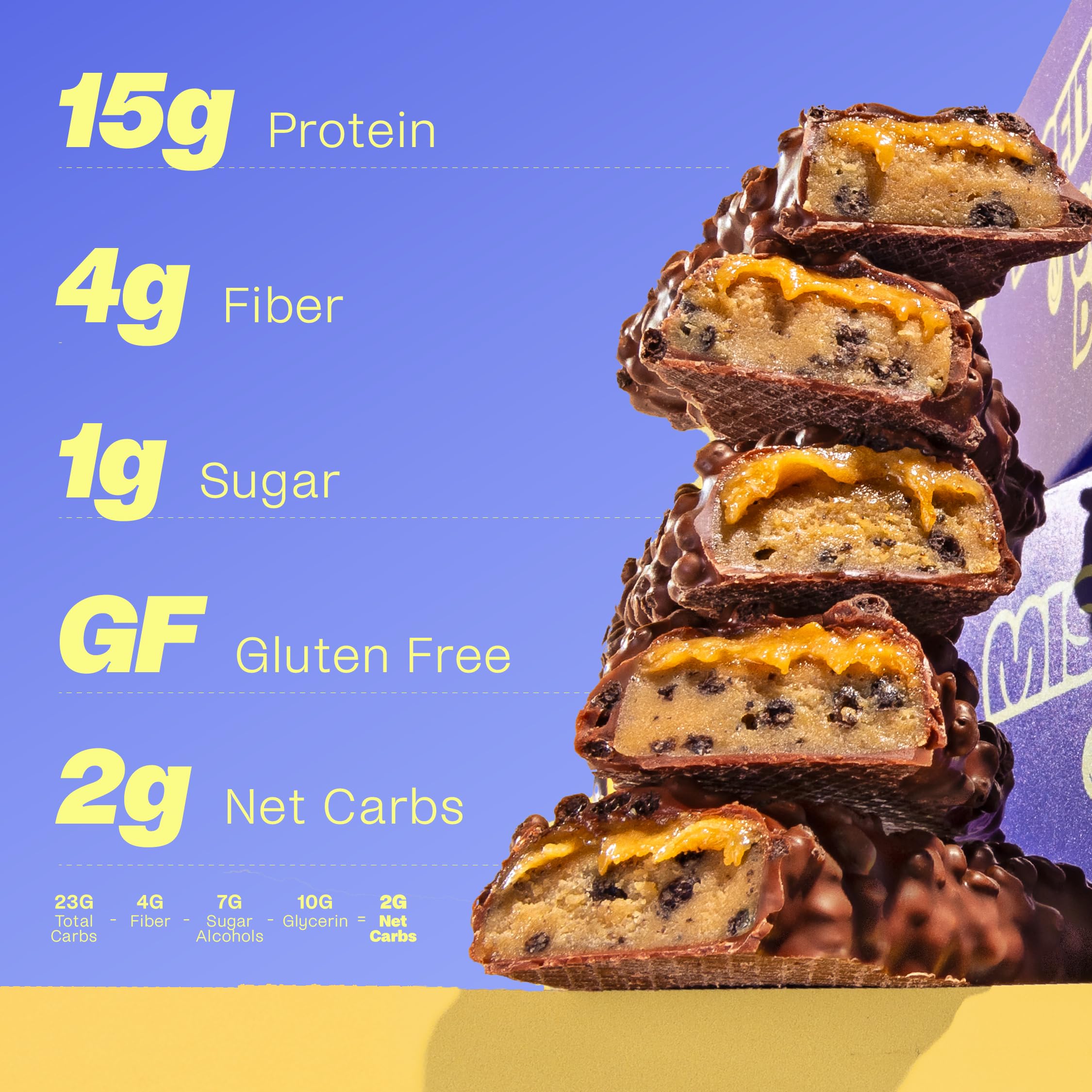 Misfits vegan protein bar caramel layer and chewy center close-up.