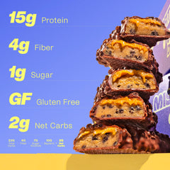 Misfits vegan protein bar caramel layer and chewy center close-up.