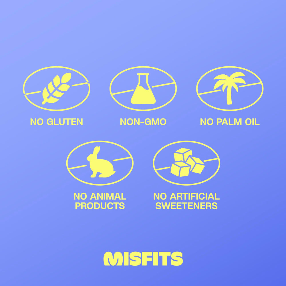 Misfits vegan protein bar vegan chocolate coating on gluten-free bar.