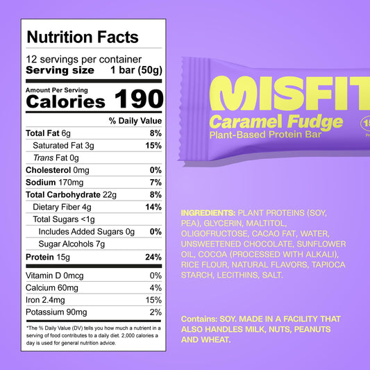 Misfits vegan protein bars sweet caramel fudge bar cross section revealing fudgy center