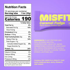Misfits vegan protein bars sweet caramel fudge bar cross section revealing fudgy center