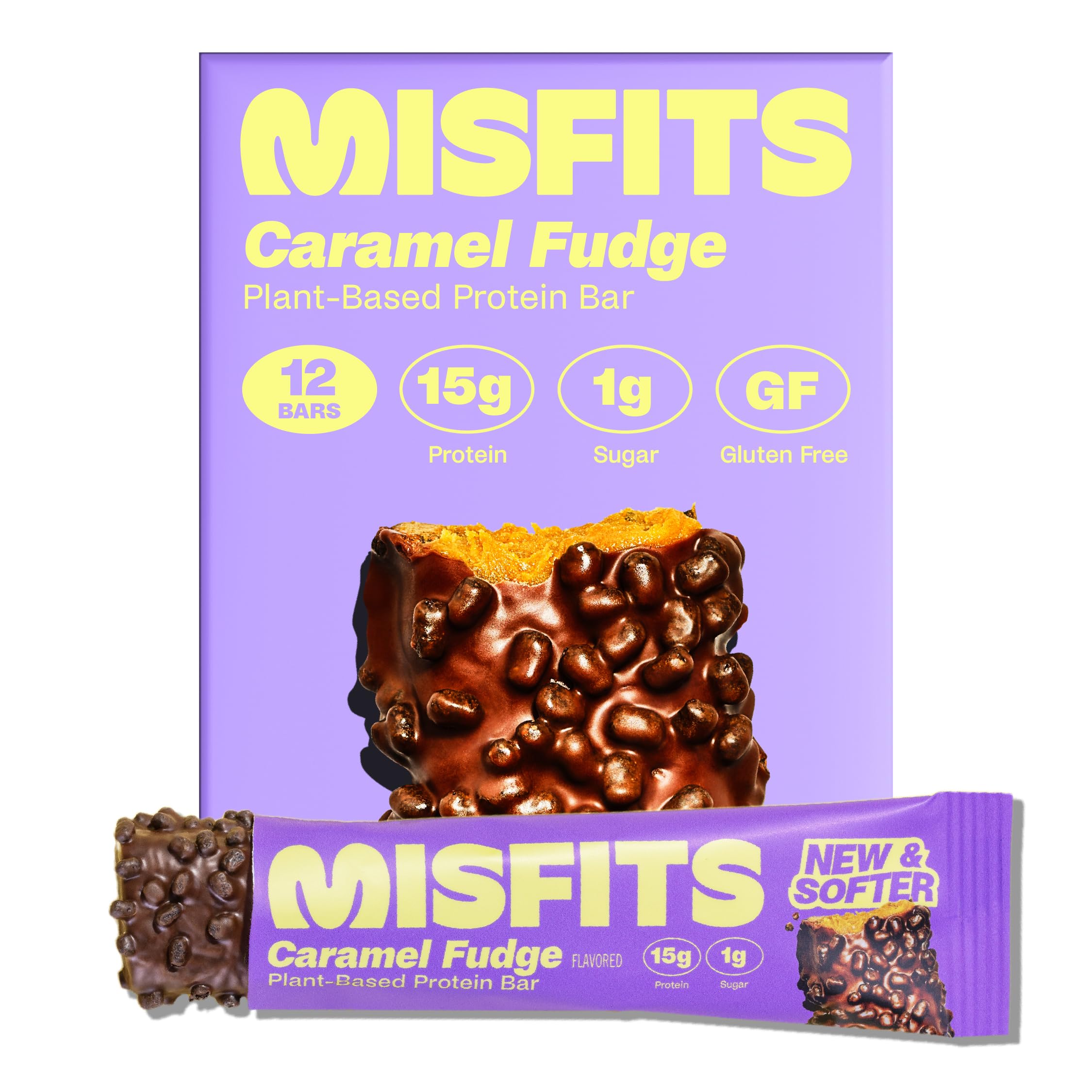 Misfits vegan protein bars sweet caramel fudge pack front view showing flavor and packaging
