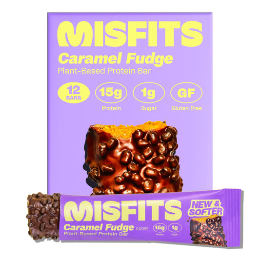 Misfits vegan protein bars sweet caramel fudge pack front view showing flavor and packaging