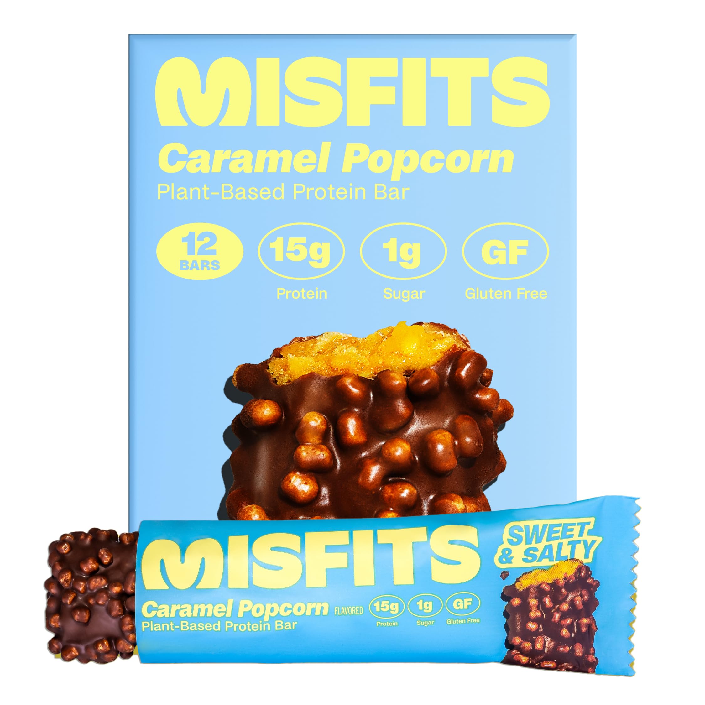Misfits vegan protein bar close-up showing caramel popcorn texture for a post-workout snack