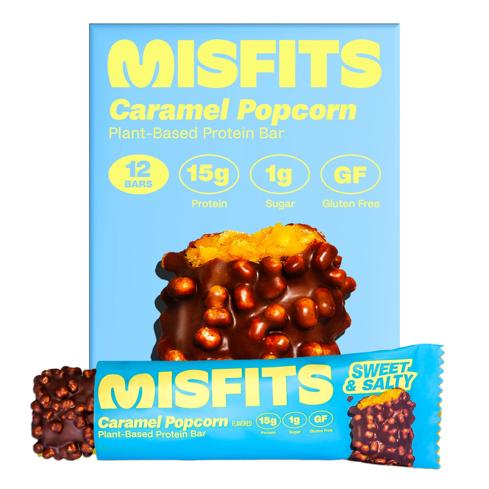 Misfits vegan protein bar close-up showing caramel popcorn texture for a post-workout snack