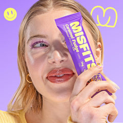 Misfits vegan protein bars vegan chocolate coating on glossy bar