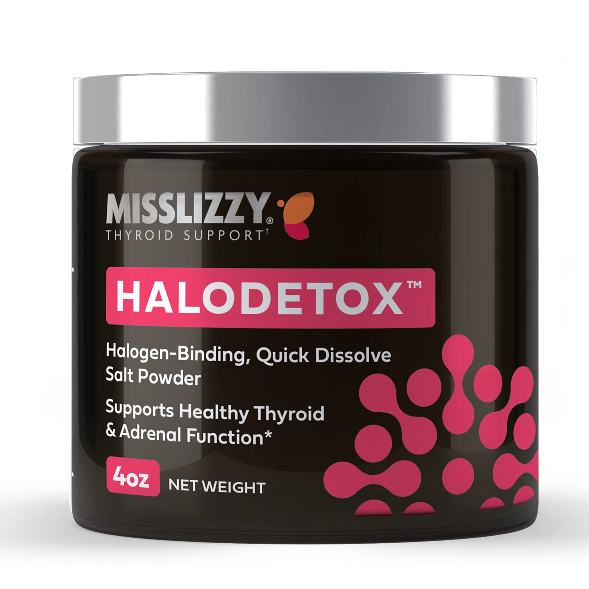 Miss Lizzy HaloDetox pink salt powder for mineral-rich electrolyte support.