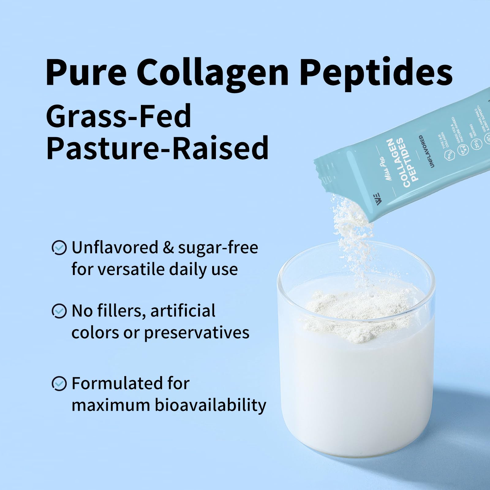 MISS PEP Collagen Peptides ingredients label emphasizes pure, filler-free formula.
