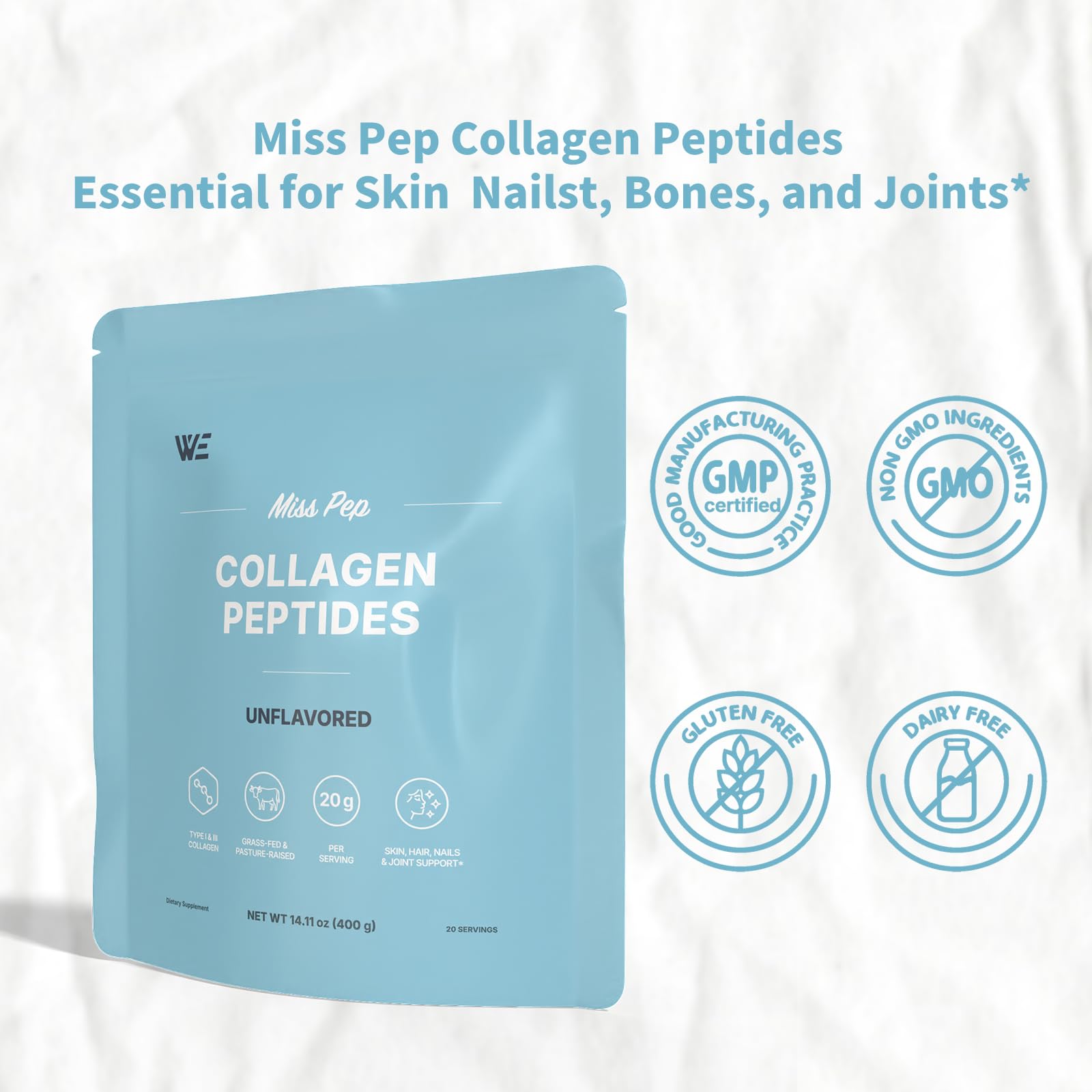 MISS PEP Collagen Peptides sachets for on-the-go use, easy daily dose.