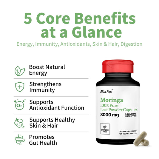 MISS PEP Moringa bottle back shows ingredients and vegan formulation