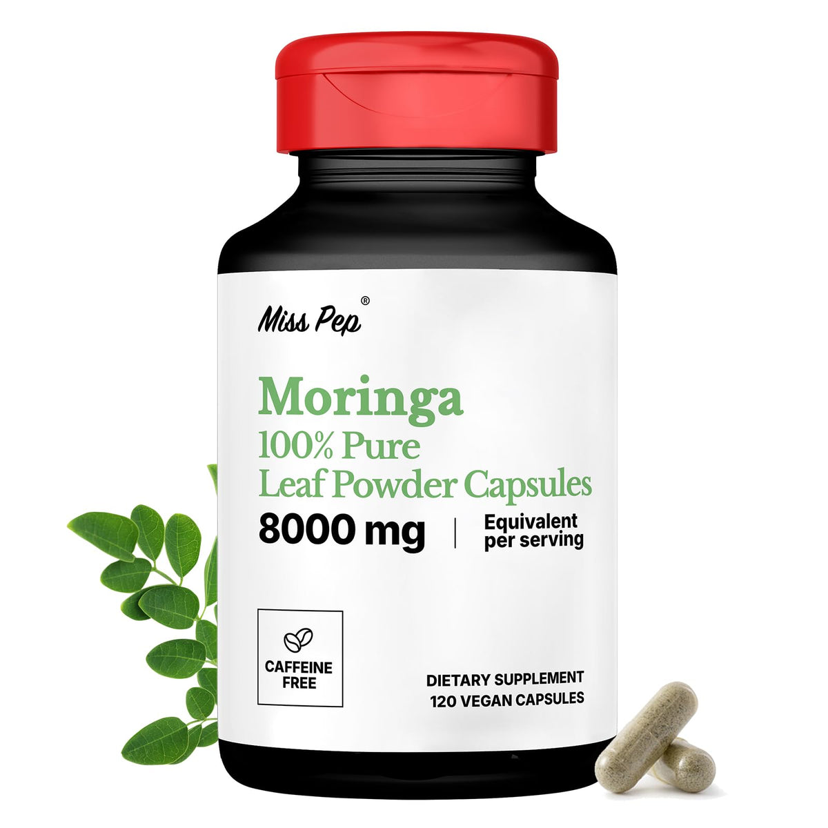 MISS PEP Moringa capsules bottle front promoting daily energy benefits