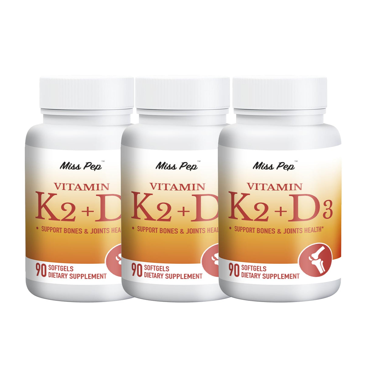 MISS PEP Vitamin D3 K2 bottle front for bone support and everyday wellness.