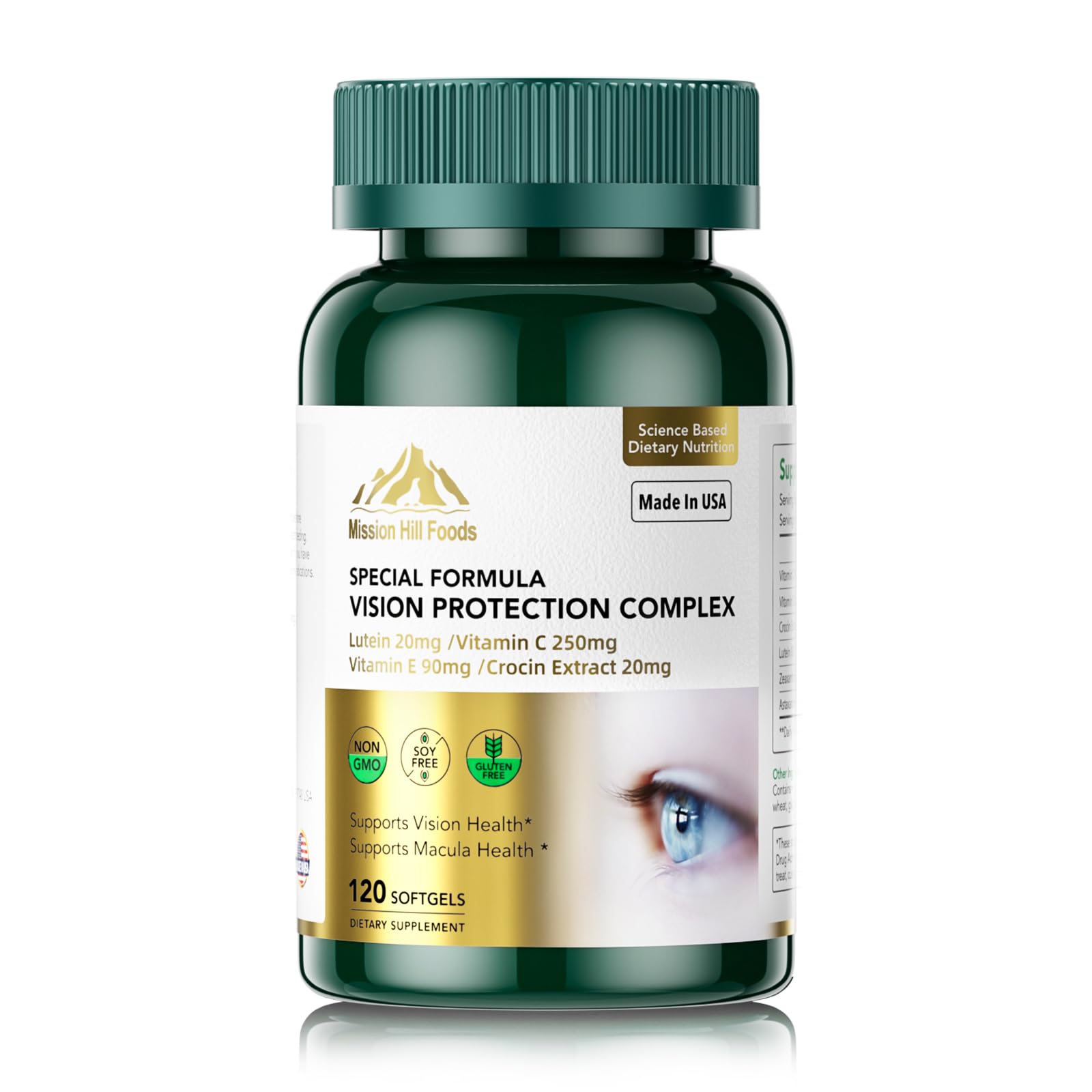 Mission Hill Foods Lutein bottle with softgels for daily eye support