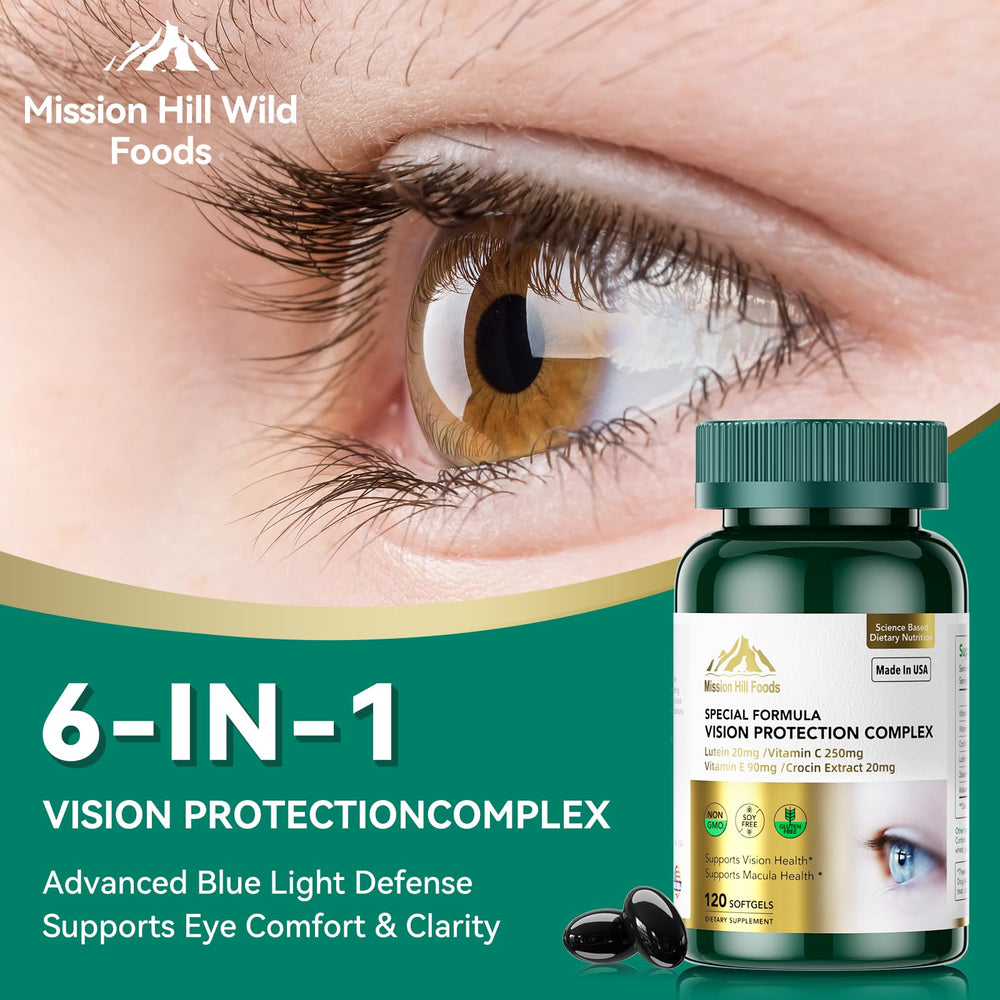 Mission Hill non-GMO gluten-free formula label for clean eye health.