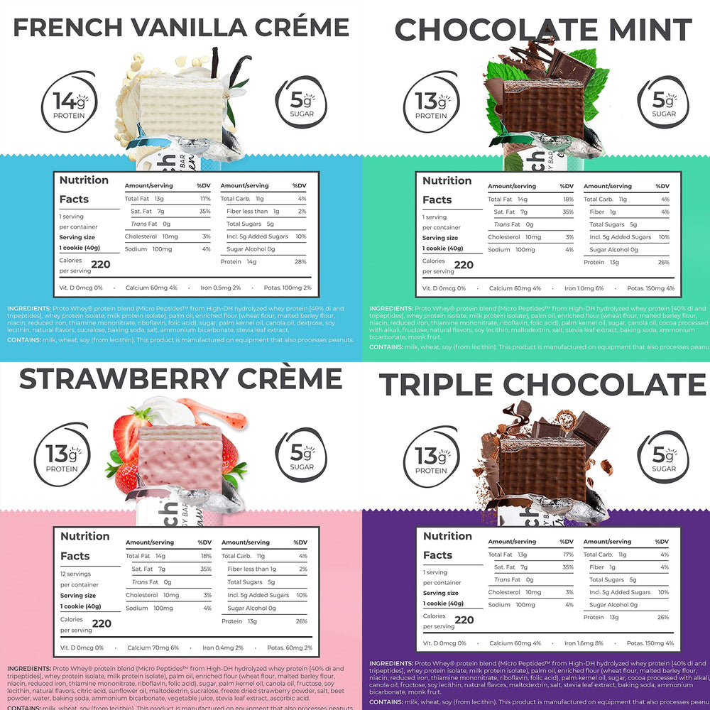 Power Crunch bar lineup shows flavors for quick cravings relief.