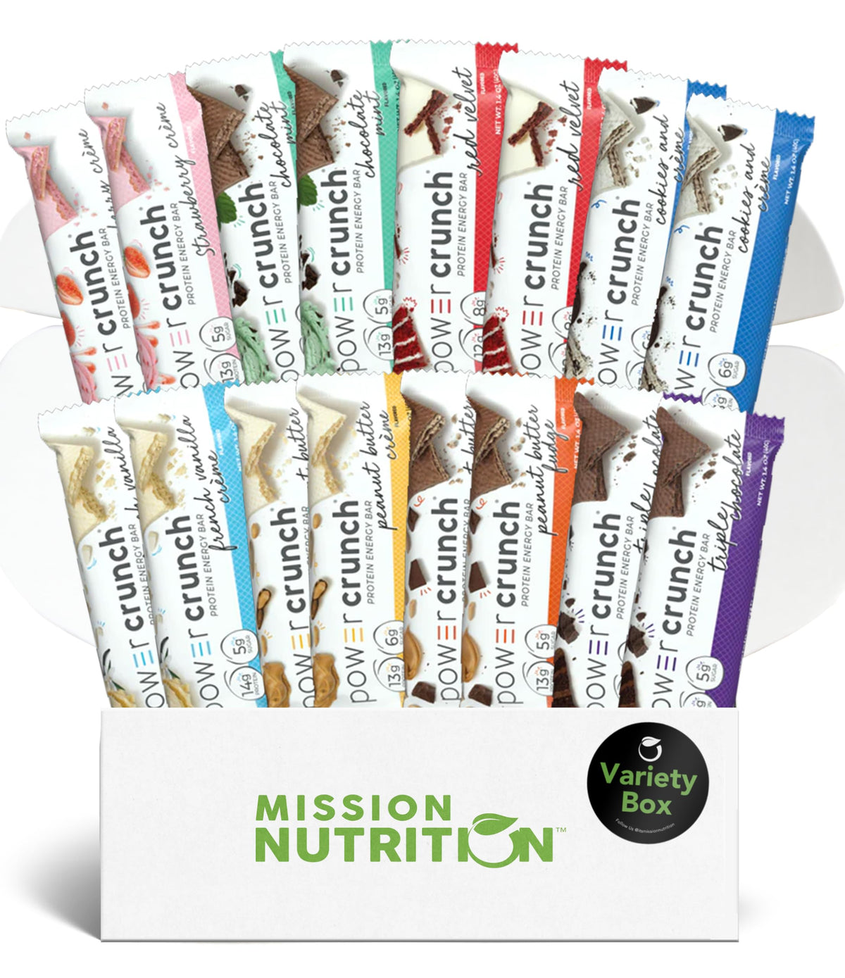 Mission Nutrition Power Crunch variety box front view, ideal for on-the-go high-protein snacking.