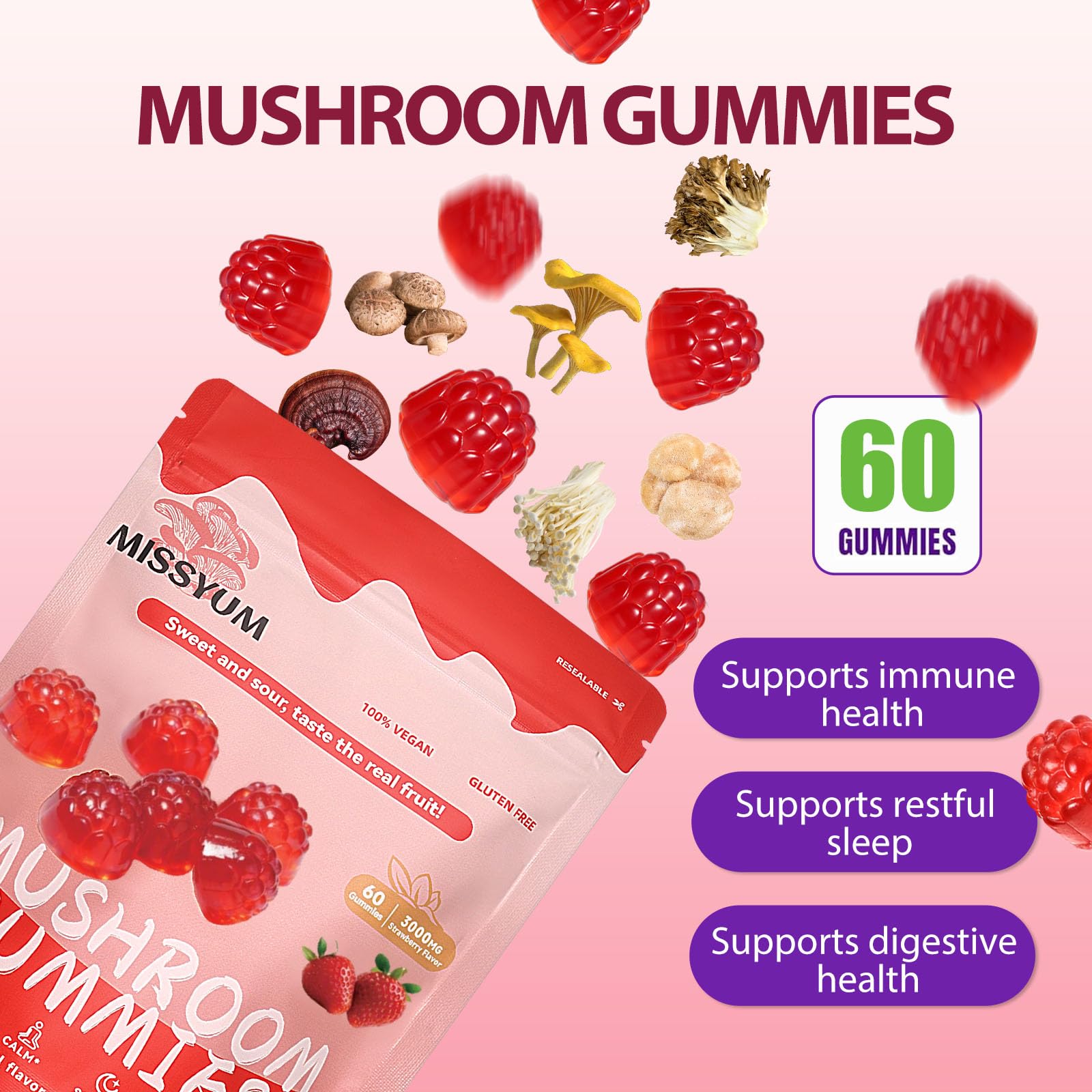 MISSYUM gummies close-up reveals chewy texture and strawberry flavor.