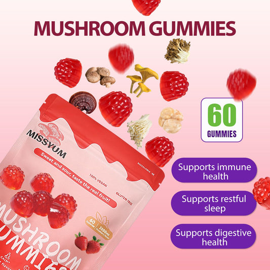MISSYUM gummies close-up reveals chewy texture and strawberry flavor.