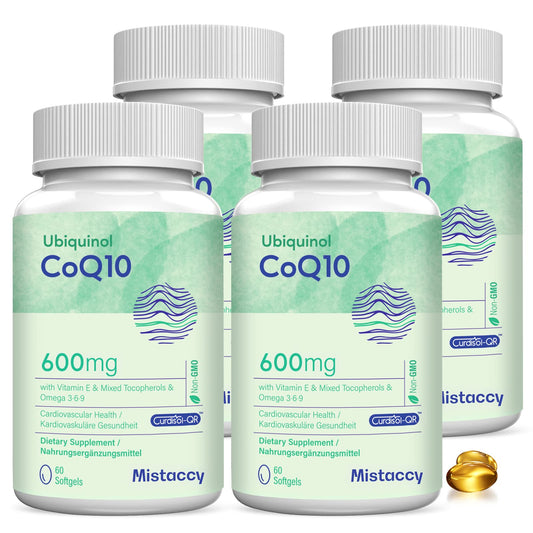 Mistaccy CoQ10 600mg bottle for daily energy support on the go