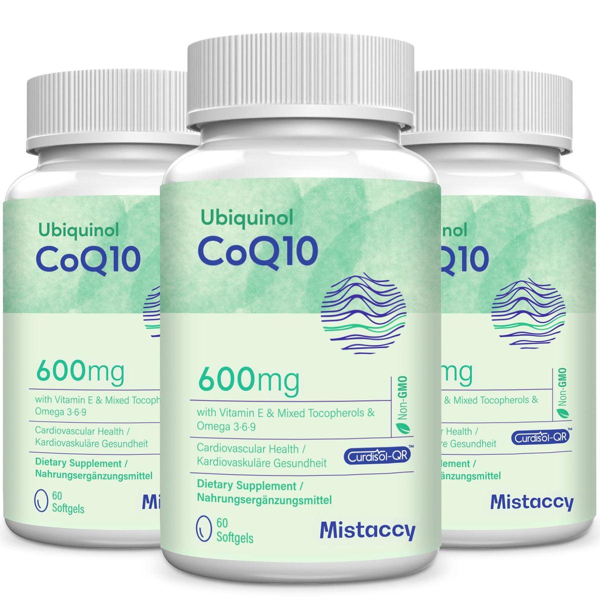 Mistaccy CoQ10 600mg softgels bottle pour showing convenient daily dose.