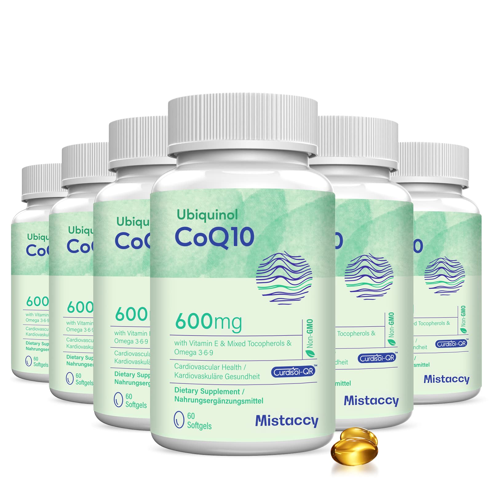 Mistaccy CoQ10 600mg softgels bottle, premium energy support for daily activity