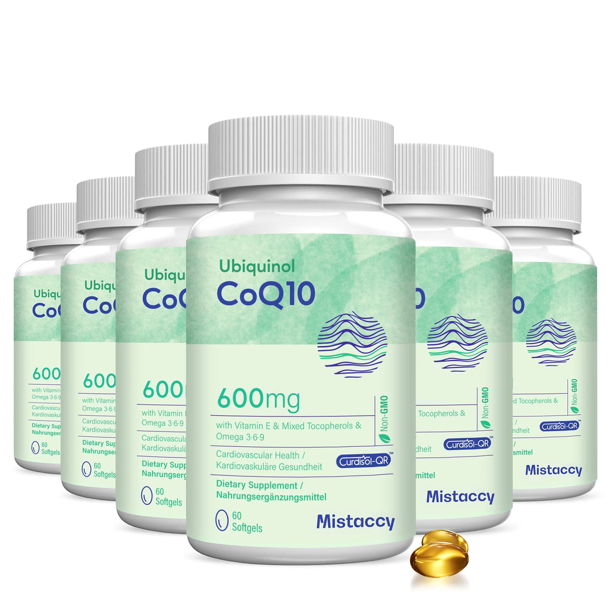 Mistaccy CoQ10 600mg softgels bottle, premium energy support for daily activity