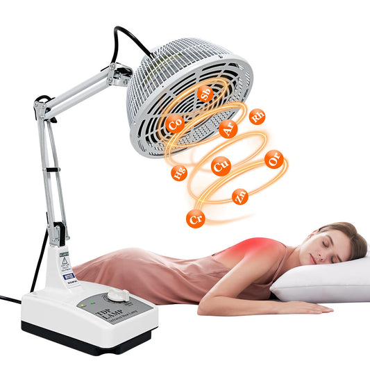 Mistuki infrared heat lamp on a desk, compact and stable for home therapy.
