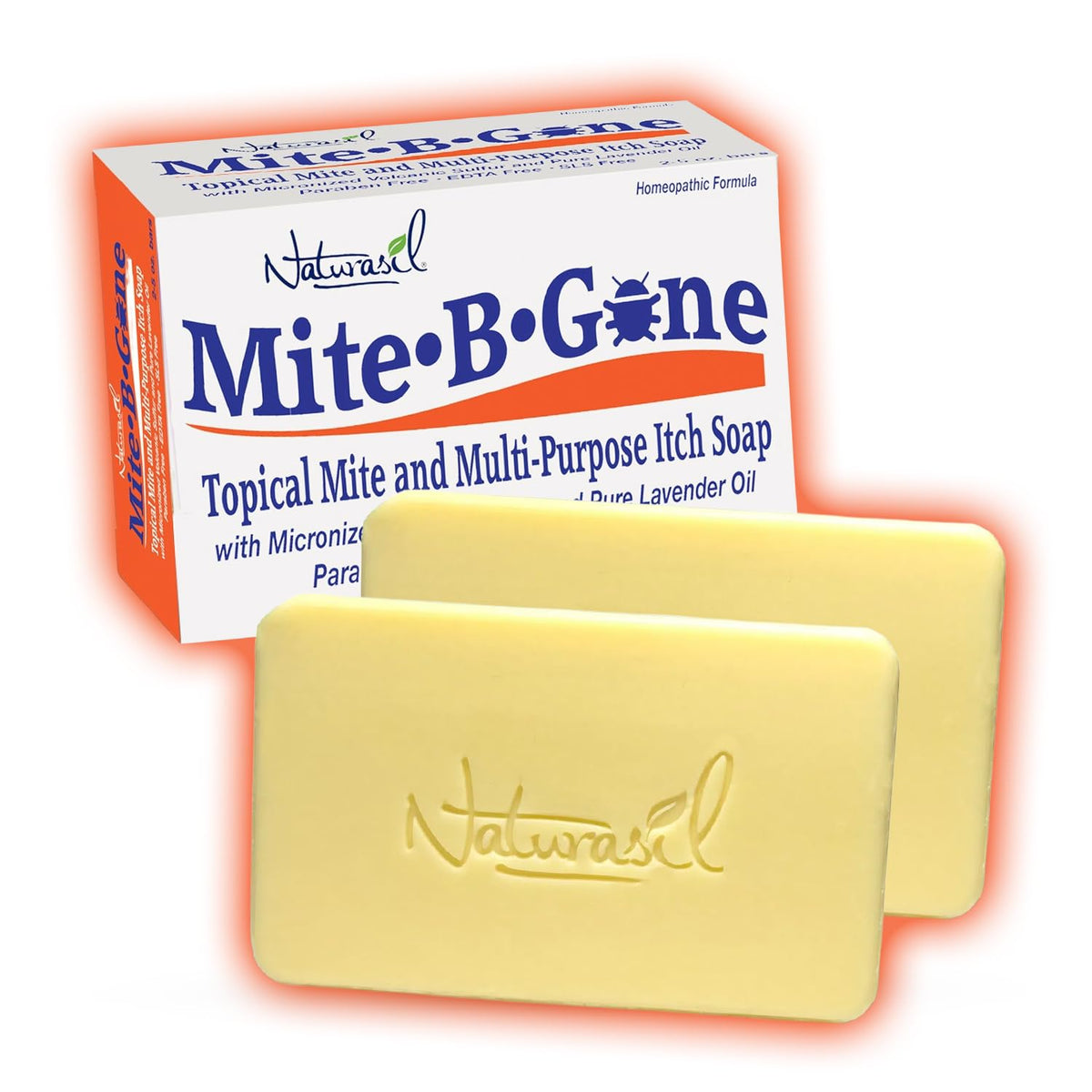 Mite-B-Gone Relief Soap bar front view highlighting sulfur formula for itch relief.