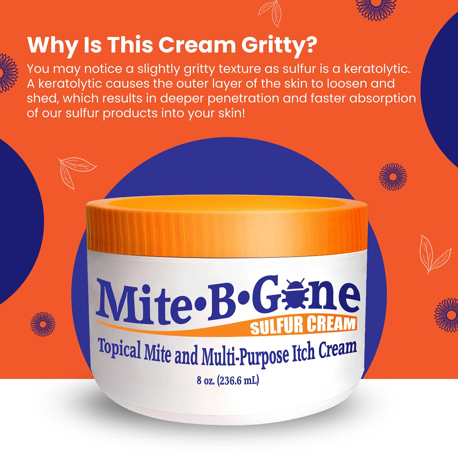 Mite-B-Gone sulfur formulation close-up emphasizes max-strength blend