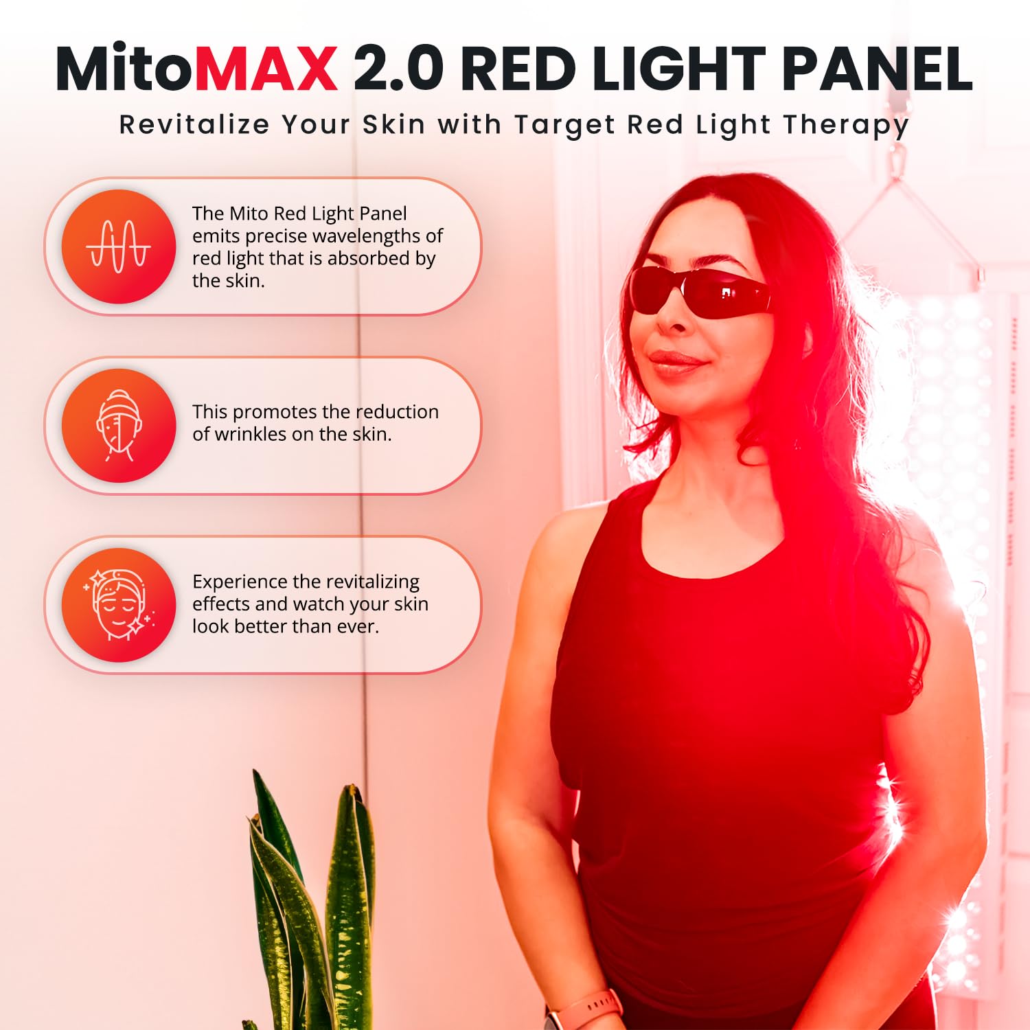 Mito Red Light Mitomax 2.0 wavelengths close-up showing 660 nm and 850 nm for skin support.