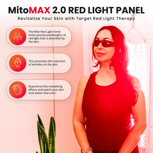 Mito Red Light Mitomax 2.0 wavelengths close-up showing 660 nm and 850 nm for skin support.