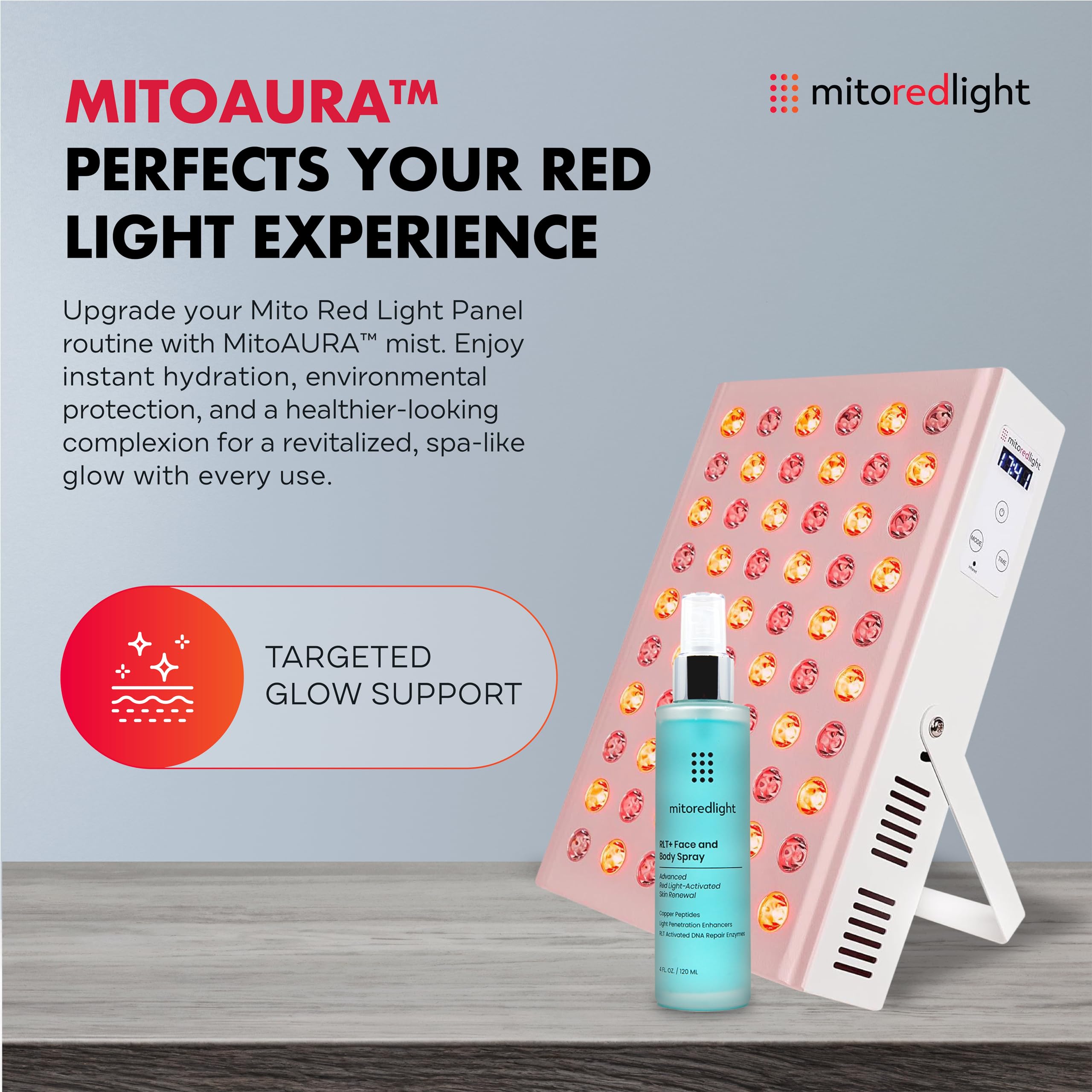Mito Red Light MITOMIN 2.0 panel in use on face for skin-friendly therapy