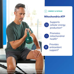 Label close-up reveals Vitamin C, Vitamin E, and thiamin in Mitochondria-ATP for energy support.