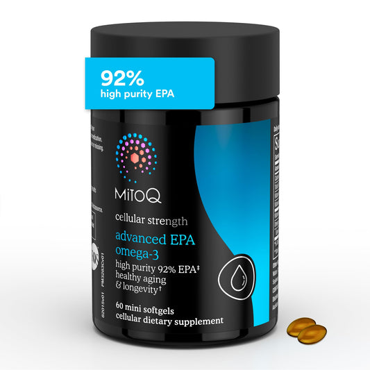 MitoQ Advanced EPA Omega-3 bottle showing high-purity EPA softgels for heart and brain support