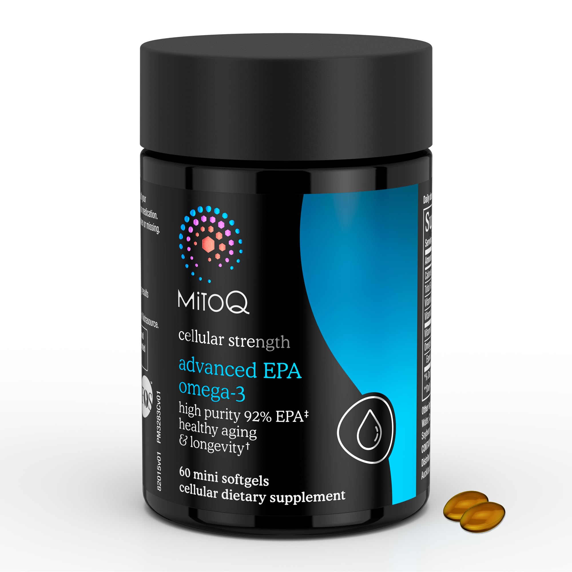 MitoQ Advanced EPA Omega-3 softgels close-up highlighting tiny capsules and no fishy aftertaste