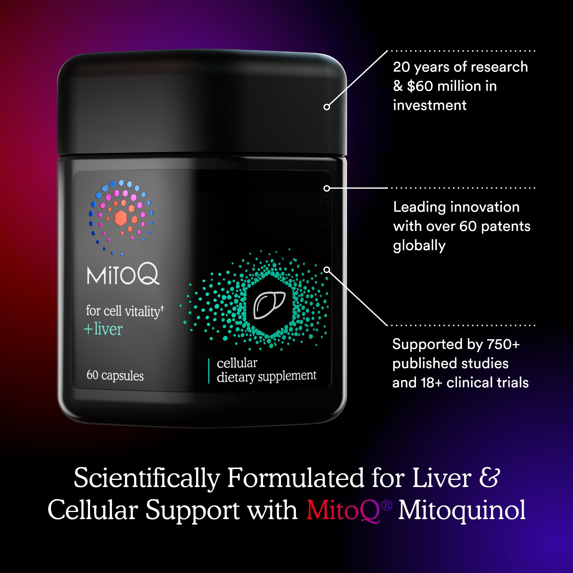 MitoQ Liver product label front emphasizing vegan, gluten-free formula