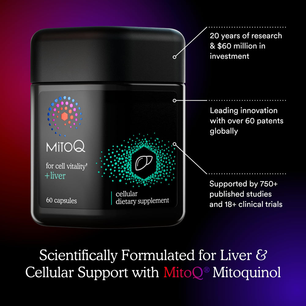 MitoQ Liver product label front emphasizing vegan, gluten-free formula
