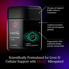 MitoQ Liver product label front emphasizing vegan, gluten-free formula