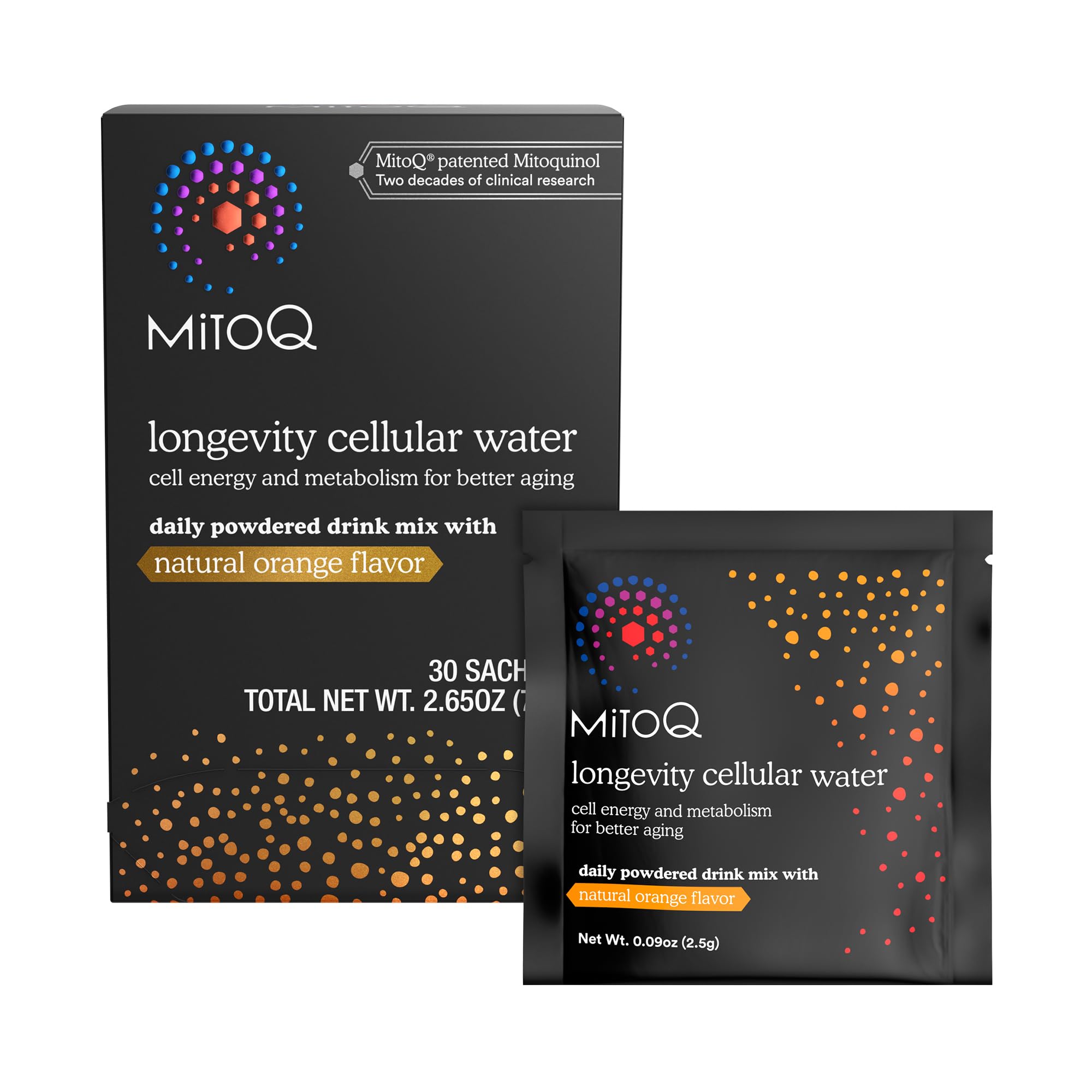 MitoQ orange sachet for daily vitality with orange flavor.