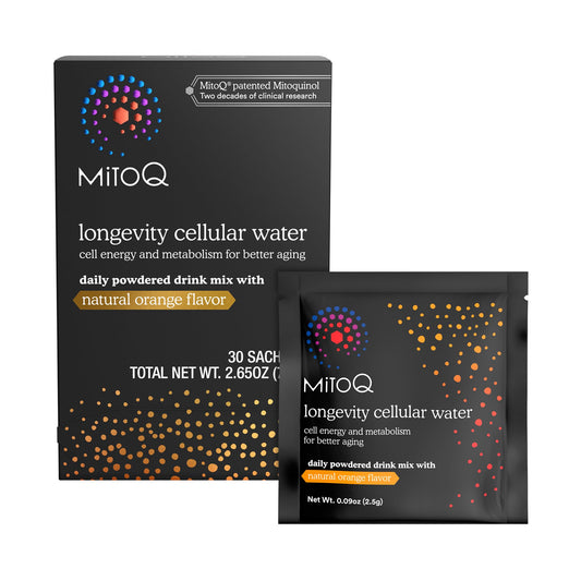 MitoQ orange sachet for daily vitality with orange flavor.