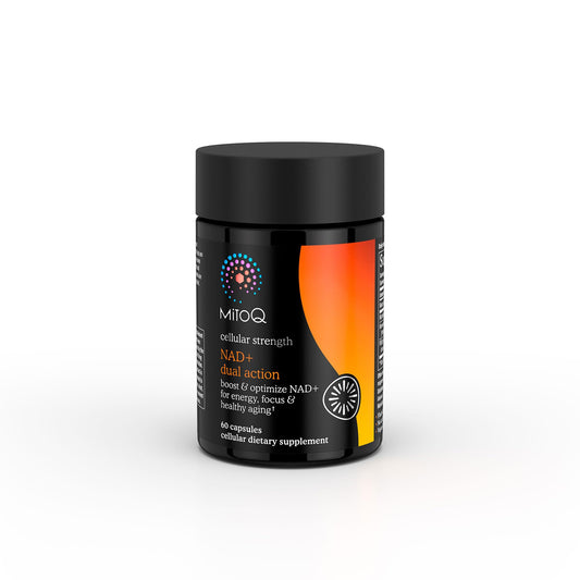 MitoQ NAD+ Dual Action bottle front for daily use and energy support.